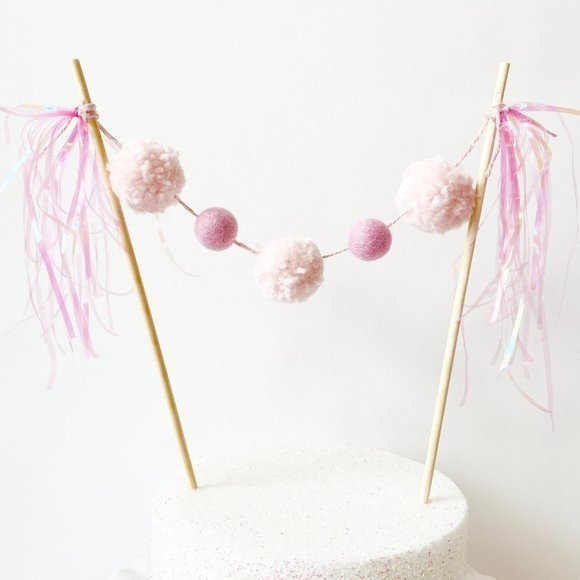 Pastel Pink Pom Pom Felt Ball Cake Topper, Birthday Cake Topper for Girls Decor - Picture 2 of 5